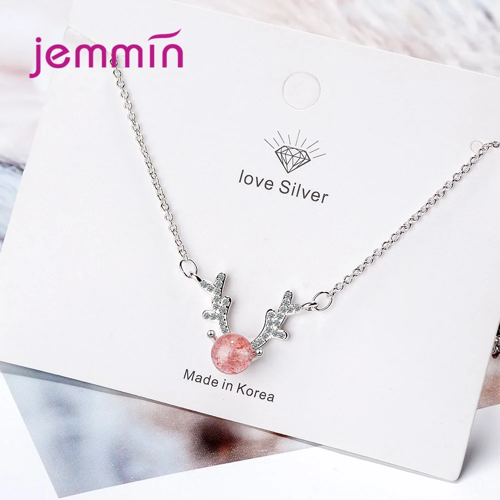 Women Fashion Crystal Round Small Antler Breif Pendant Necklace 925 Sterling Silver Bijoux Collier Elegant Women Jewelry Gifts