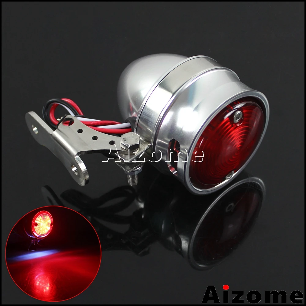 Polished Motorcycle Brat Style LED Tail Light Vintage Rear Stop Lamp For Harley Custom Cafe Racer w/ License Plate Light