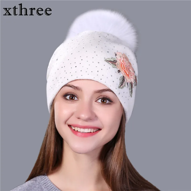 Xthree Female winter hat fashion embroidery knitted beanie hat for women real fox fur pom pom wool hat Skullie hat girls gorro