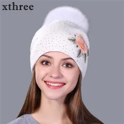 Xthree Female winter hat fashion embroidery knitted beanie hat for women real fox fur pom pom wool hat Skullie hat girls gorro