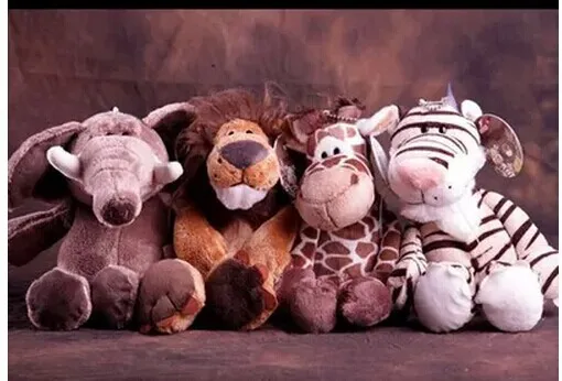 stuffed animals about 25cm jungle animal lion, tiger , giraffe , and elephant , one lot / 4 pieces toys b9999