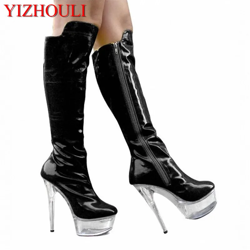 Sexy woman and knee boots 6 inches 15 cm tall fashion spring and autumn boots, crystal platform sexy dancing shoes banquet boots