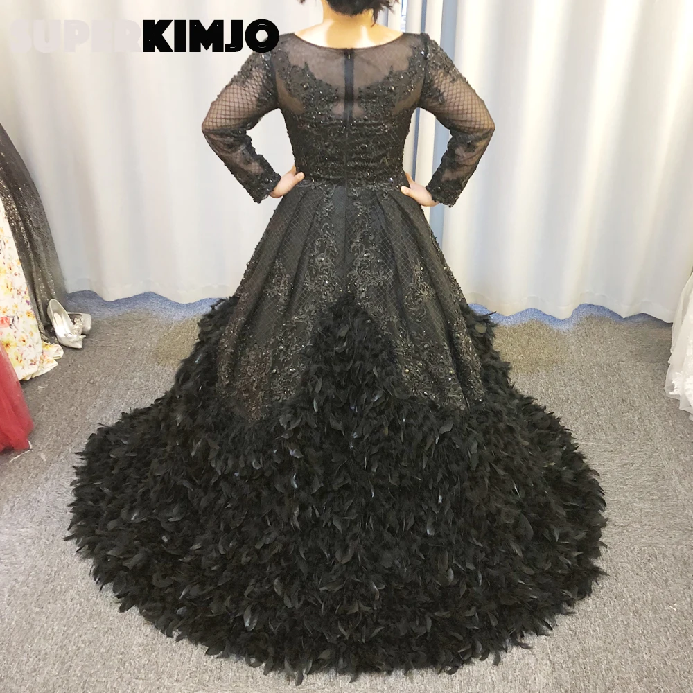 Real black prom dresses 2019 veer kralen crew hals kant applicaties lange mouwen een lijn avondjurken kralen avondjurken