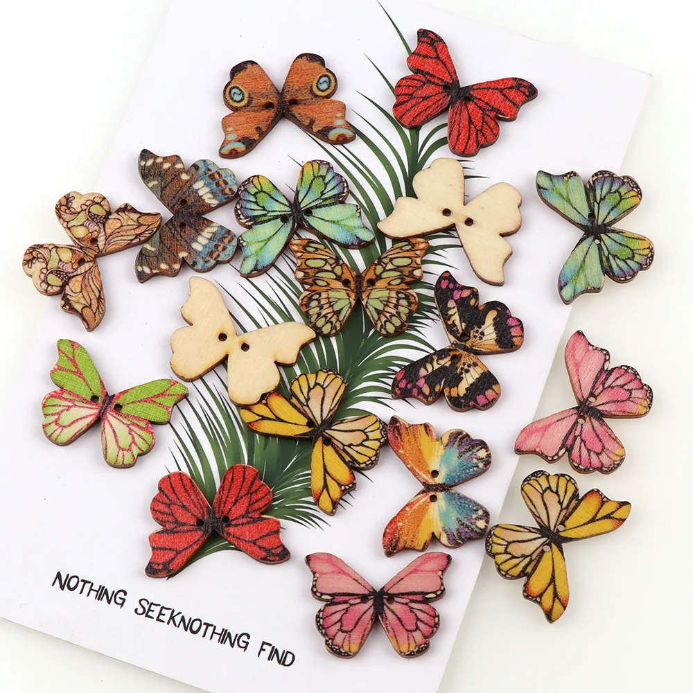 50Pcs/set Colorful Butterfly Wooden Buttons Fit Sewing And Scrapbook Sewing 2 Holes Buttons For Craft DIY Mixed Accessories