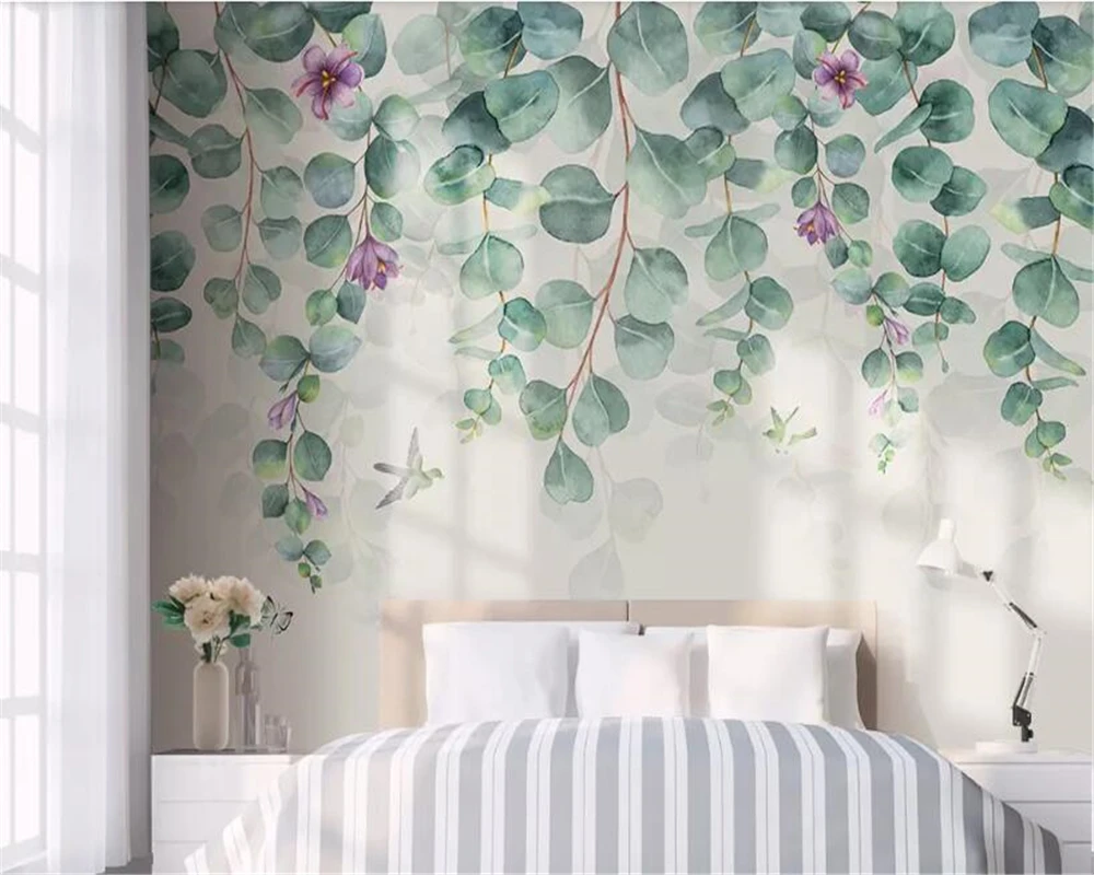 beibehang Custom fresh green leaves watercolor style vine man plant Nordic minimalist TV background wall decorative painting