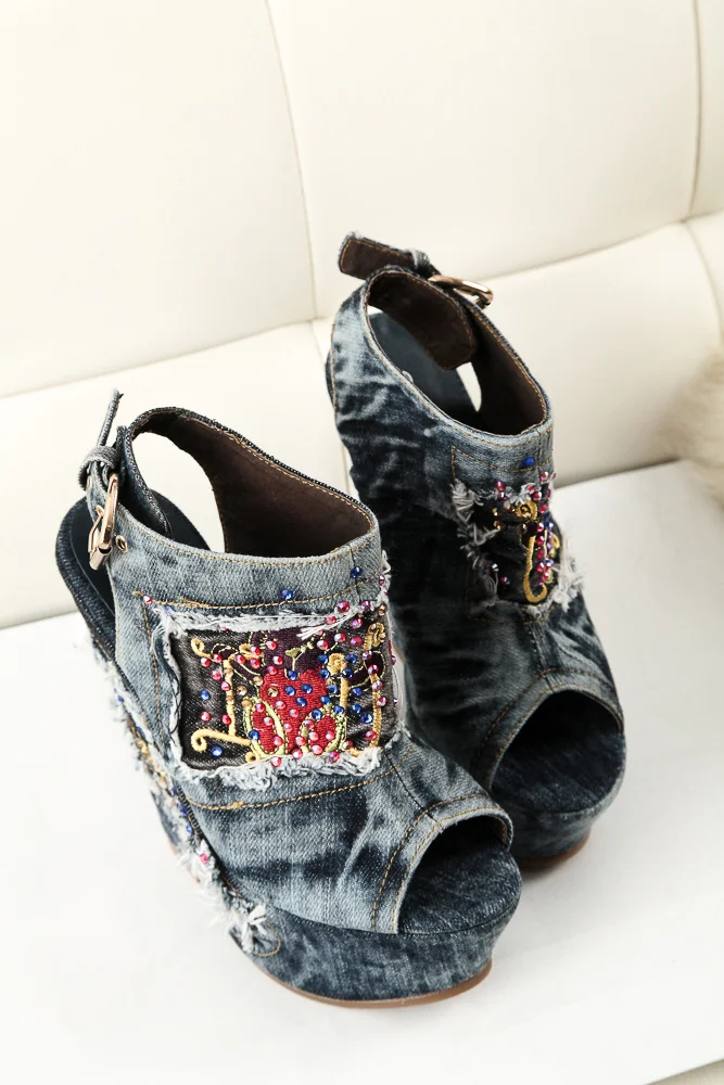 Desinger Shoes Summer High Heels mules Open Toe Denim Blue jeans Sandals Luxury Brand Woman Wedges Peep Toe Cowboy Ankle Boots