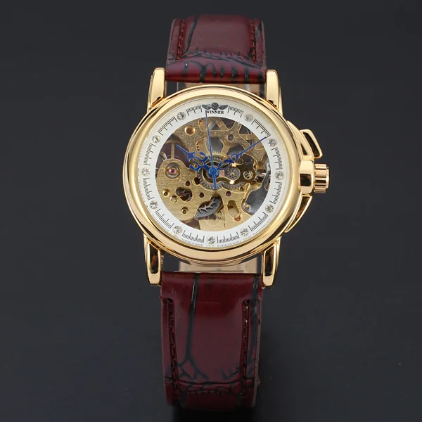 WINNER NEW Mechanical Wrist Watches Golden Dress Skeleton Diamond Dial  Fashion Casual Leather Men Women Montre