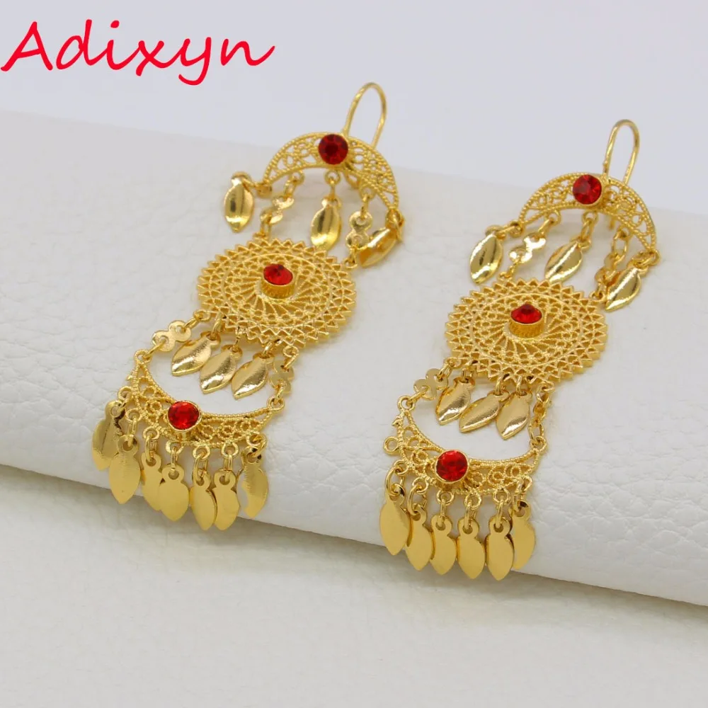 Adixyn Ethiopian Drop Earrings for Women Gold Color Cubic Zirconia Middle Eastern Fashion Jewelry Item