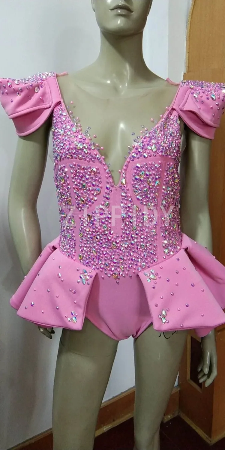 Sparkly strass malha bodysuit verde rosa pedras sem mangas bodysuit cantor feminino traje de aniversário das mulheres dança outfit