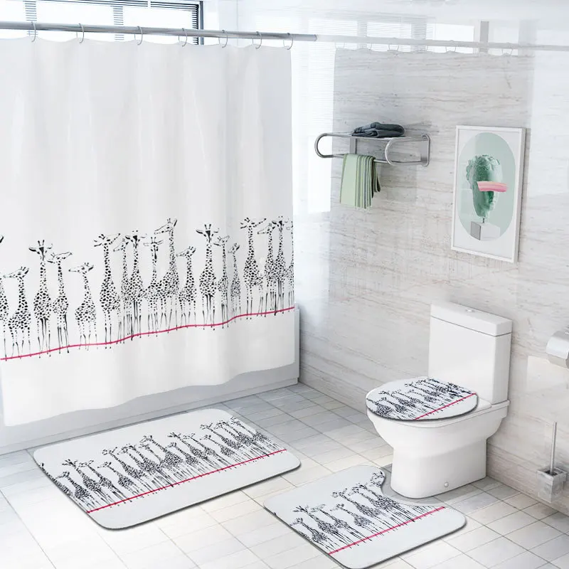 

4pcs/set American Black White Giraffe Shower Curtain Pedestal Rug Lid Toilet Cover Mat Bath Mat Set Bathroom Curtains