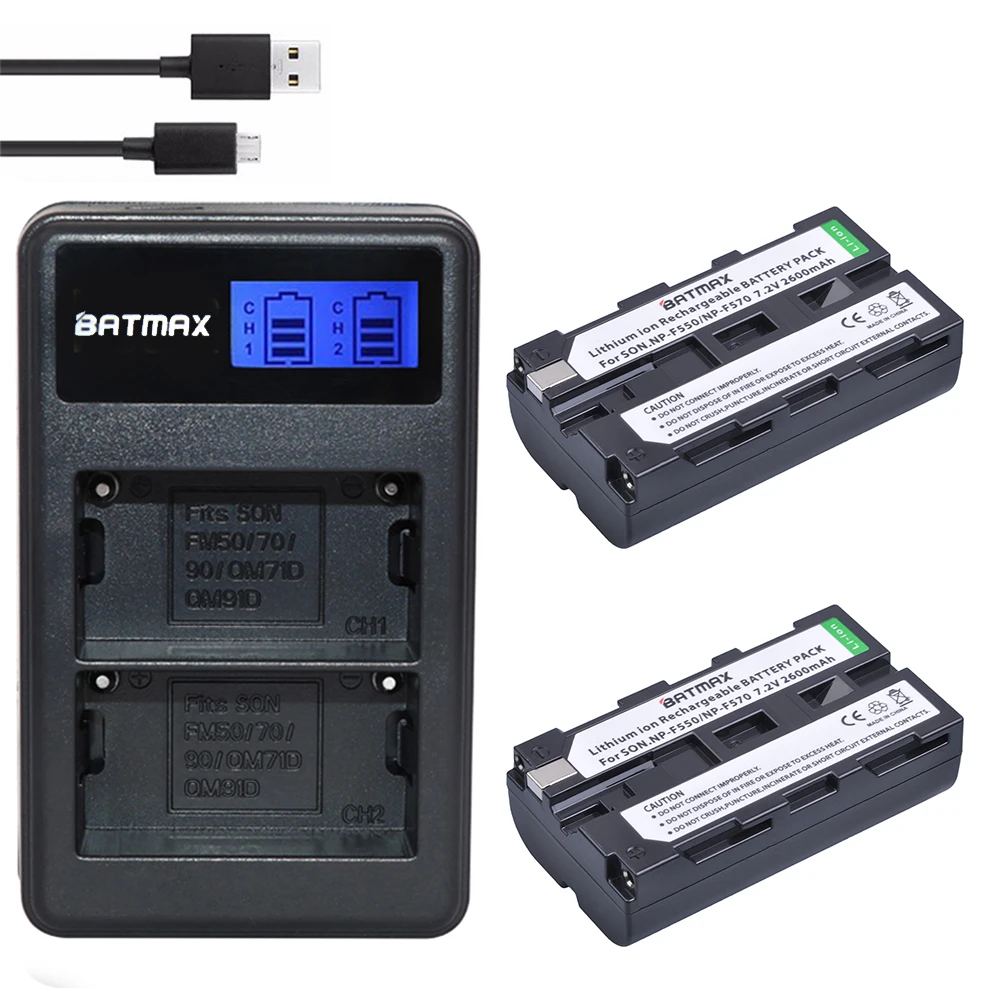 

Batmax 2600mAh 2PcsNP-F550 NP-F330 NP F550 NP F330 Camera Battery + LCD Dual USB Charger for Sony NP-F550 NP-750 Camera Lights