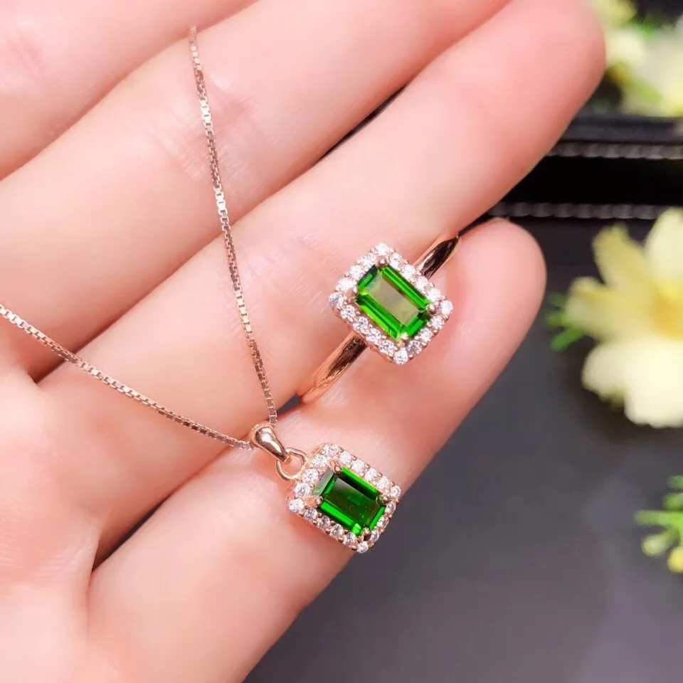 

elegant rectangle green diopside pendant for necklace real 925 silver material natural gem clear green gem gold plated color