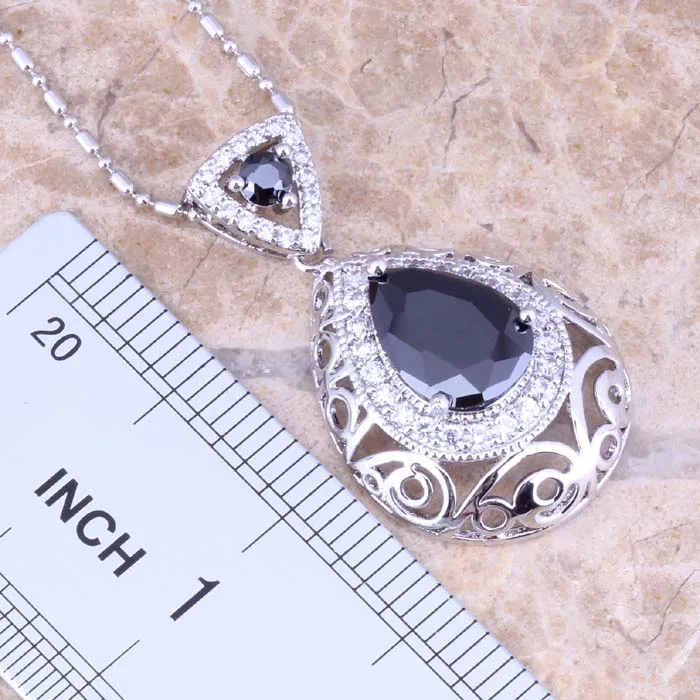 Pleasant Black Cubic Zirconia White CZ Silver Plated Earrings Pendant Necklace Jewelry Sets S0739