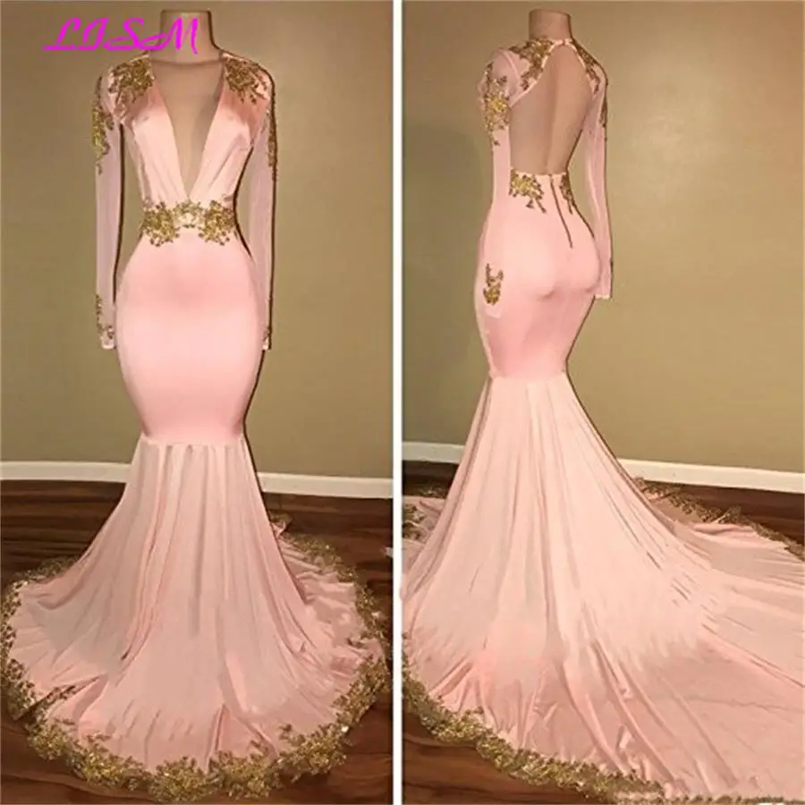 Vestido de baile sexy sereia, Decote em V profundo, Apliques dourados, Vestidos de noite longos rosa, Vestidos de festa abertos