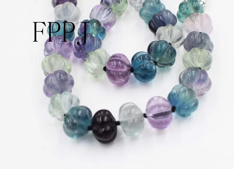 fluorite necklace  STONE MULTICOLOR pumpkin 14*10mm nature 18inch  nature carved FPPJ