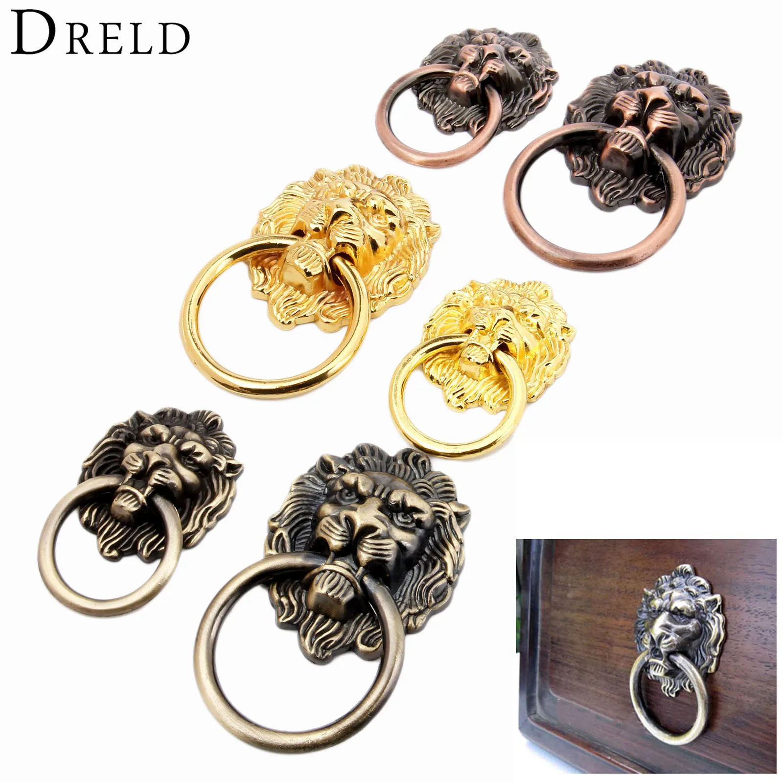 DRELD Antique Furniture Handles Vintage Lion Head Cabinet Knobs and Handles Furniture Door Cabinet Drawer Pull Handle Knob Ring