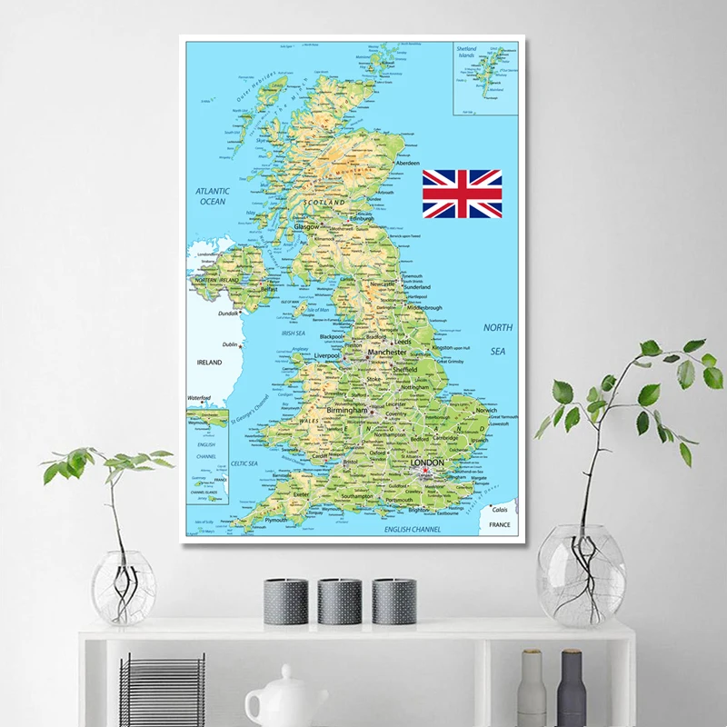 Dekorasi dinding ukuran Poster peta Britania Raya peta besar dari Inggris 54x80cm tahan air dan tahan robek