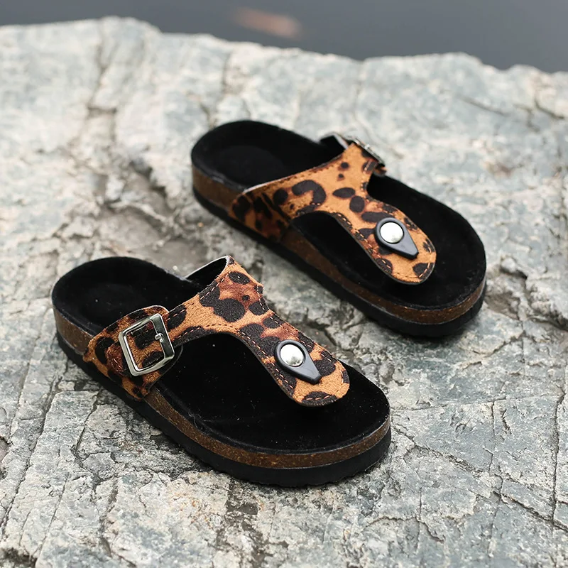 New Kids Slippers Summer Beach Children Cork Sandals Bling Sequins for Family Shoes Leopard Barefoot Flats Girls Slipper