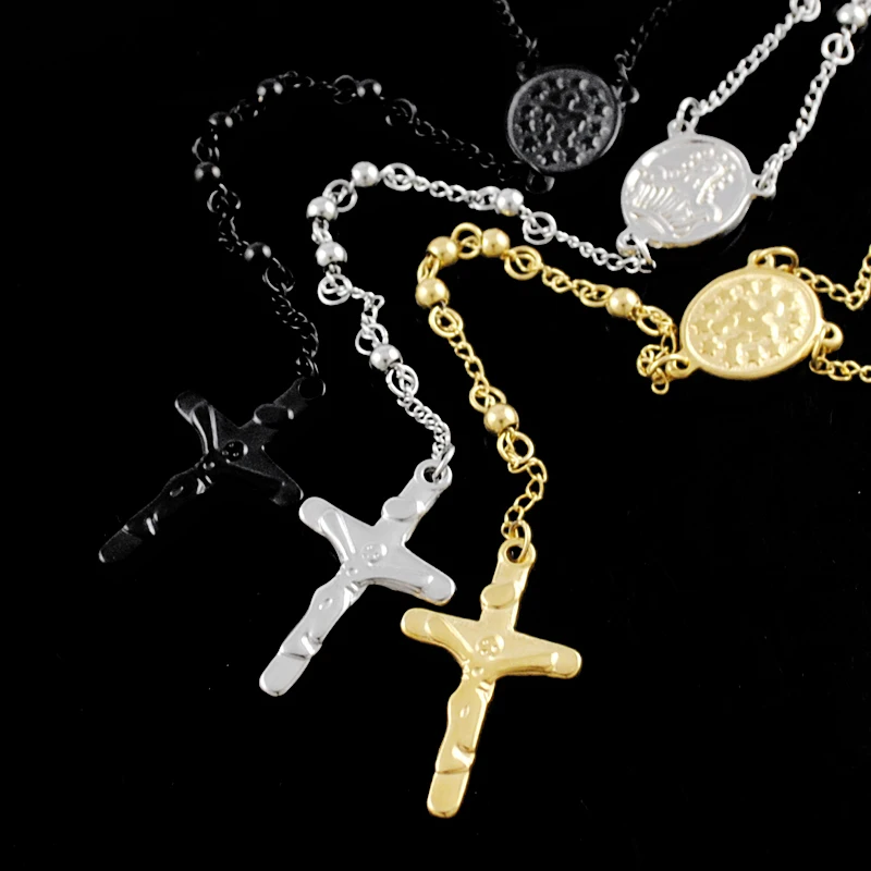 ATGO Rosary Beads chain Cross Religious Chain Stainless Steel Necklace Womens Mens fashion necklaces for women catholic BRN05