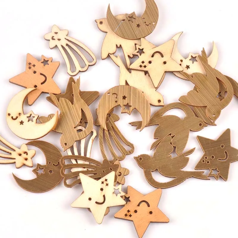 24pcs 20-40mm Wooden Ornament Golden Sequins Surface Star Moon Bird Wood Decoration DIY Carfts For Scrapbooking Home Decor m1739