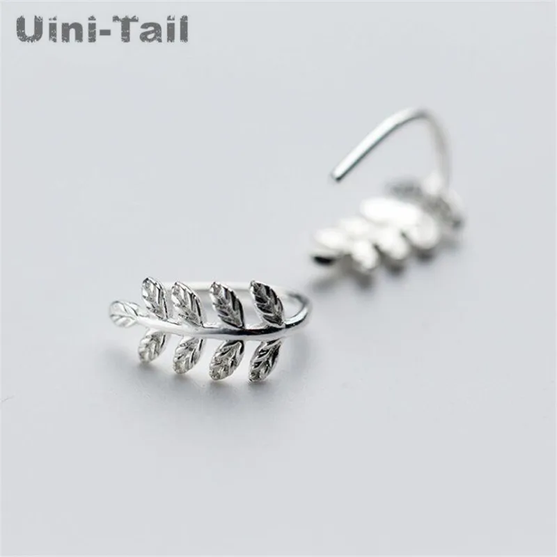 Uini-Tail hot new 925 Tibetan silver branches leaves earrings female simple small fresh mini tree technology ear hook  ED170