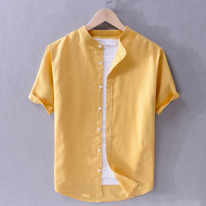 M-4XL style Italy brand summer shirt men solid stand collar yellow shirt mens fashion tops cotton and linen shirts male camisa