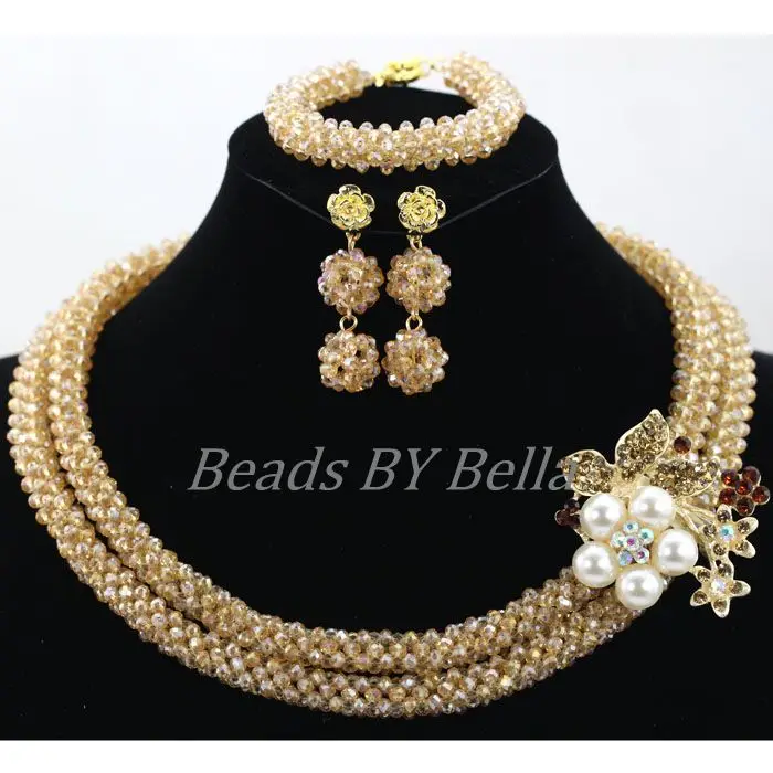 Champagne Gold 4MM Crystal Beads Handmade Nigerian Wedding African Beads Lace Jewelry Set Lady Party Gift Free Shipping ABK992