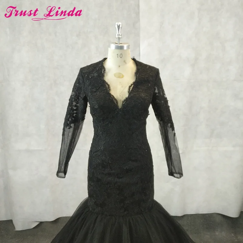 Robe mère sirène noire glamour, longue, col en v, robes de bal, avec des Appliques en dentelle, manches longues, robe de soirée à plusieurs niveaux