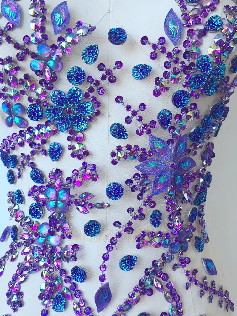 handmade  crystal patches sew on purple rhinestones applique on mesh trim for dress front and back