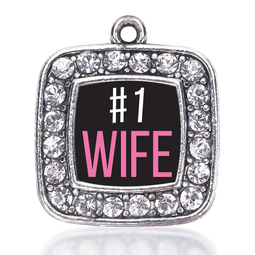 #1 WIFE SQUARE CHARM ANTIQUE SILVER PLATED CRYSTAL JEWELRY