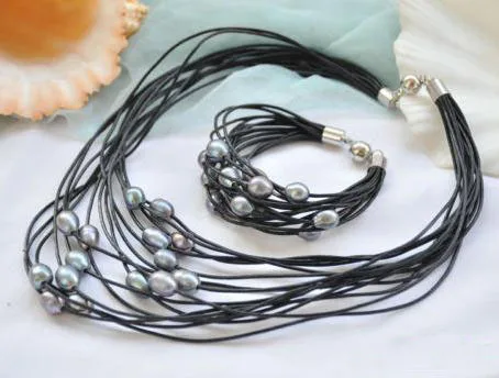 Elegant Handmade Real Pearl Jewelry Set 15row 13mm Black Rice Freshwater Pearl Black Leather Necklace Bracelet Magnet Clasp