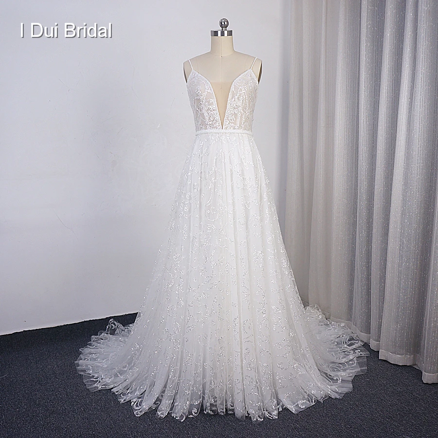 

Spaghetti Strap Plunging Neck Wedding Dress with Floral Shinny Sequin Layer and Belt Bridal Gown