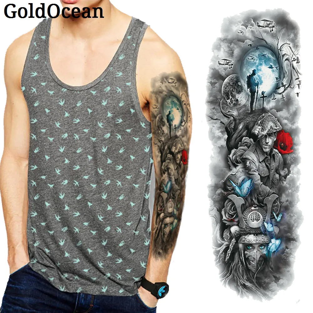 Cool Large Full Arm Temporary Tattoo Sleeve Fake Soldier Warrior Drawing Body Art For Men Women Waterproof Flash Tattoo Stickers