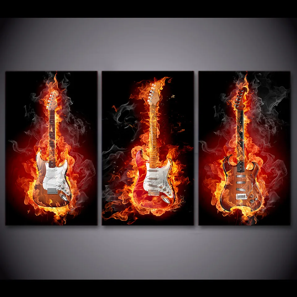 HD printed 3 Piece canvas art  Music Fire Guitar Canvas Painting for Living Room Posters and Prints Free Shipping/ny-6755D