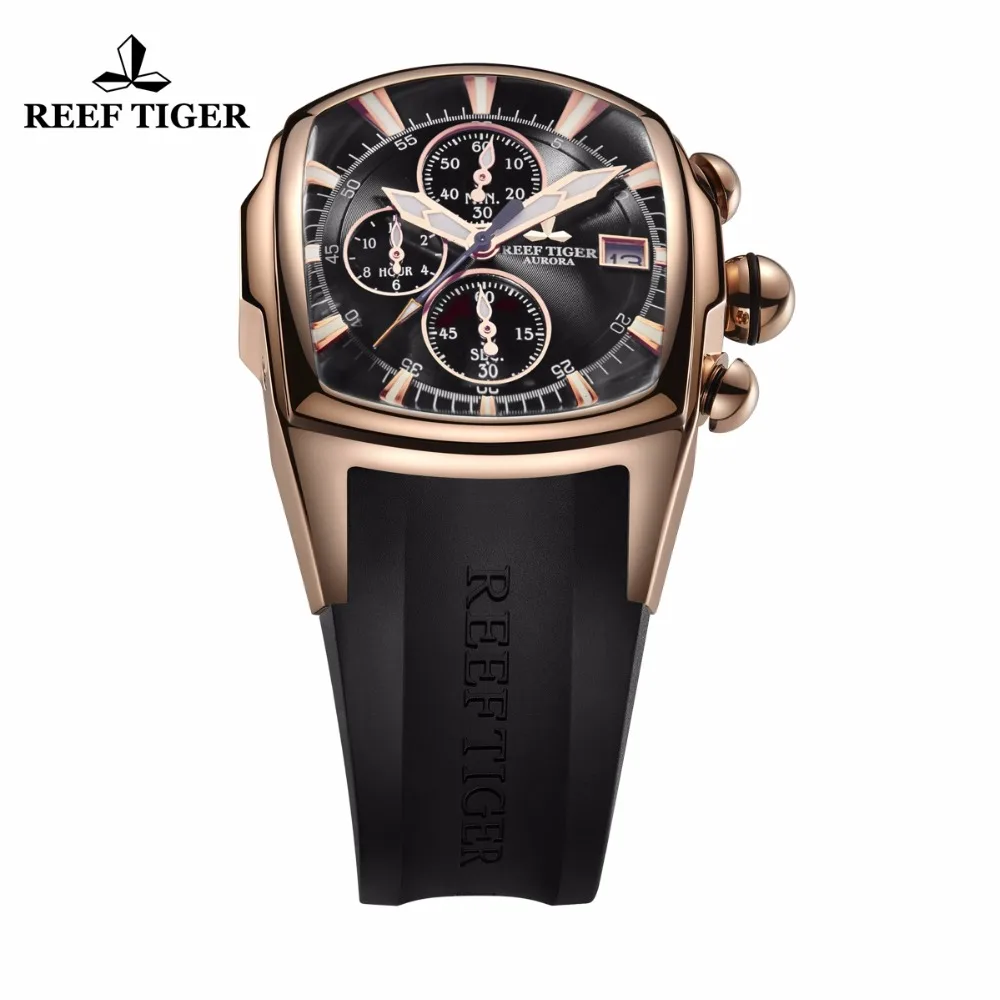 Reef Tiger/RT Big Pilot Watches Mens Luxury Rose Gold Rubber Strap Waterproof Sport Clock Date RGA3069-T