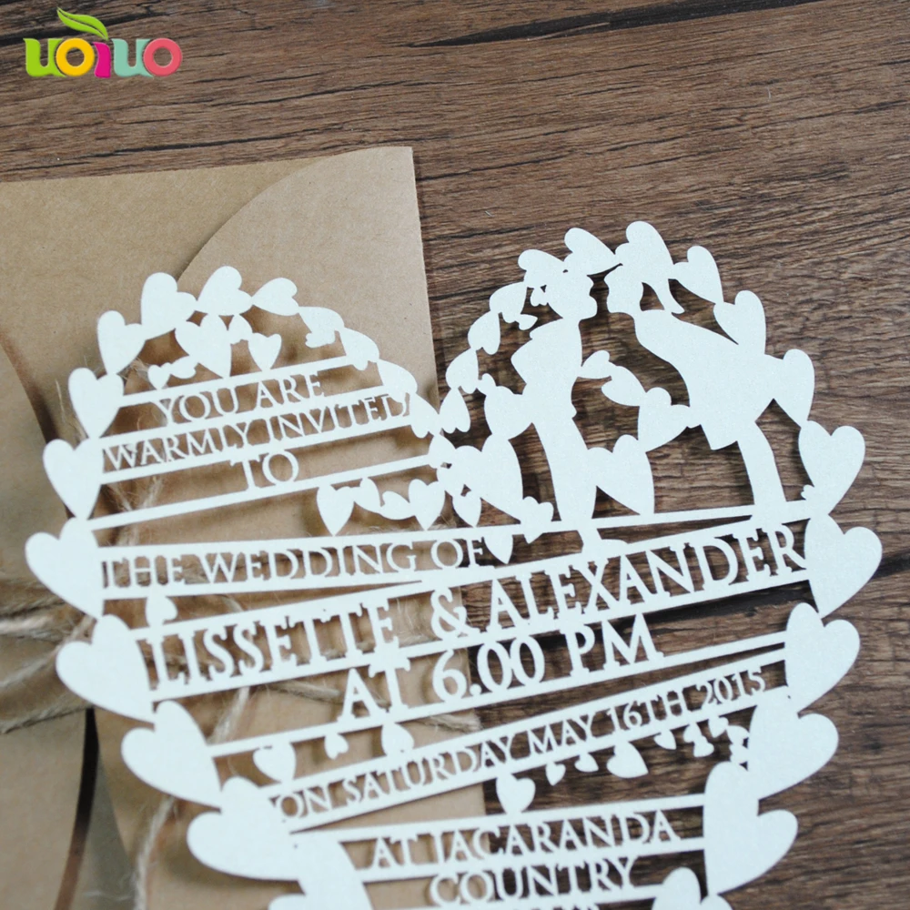 10pcs Simple Design Laser Cut Heart to Heart Europe Wedding Invitation Card with Free Design