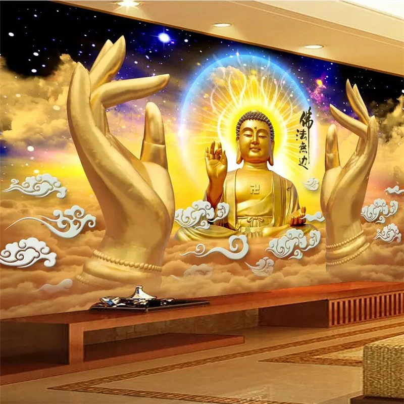 wellyu Dharma boundless day, golden Buddha hand stereo 3D HD background wall painting custom large mural green wallpaper