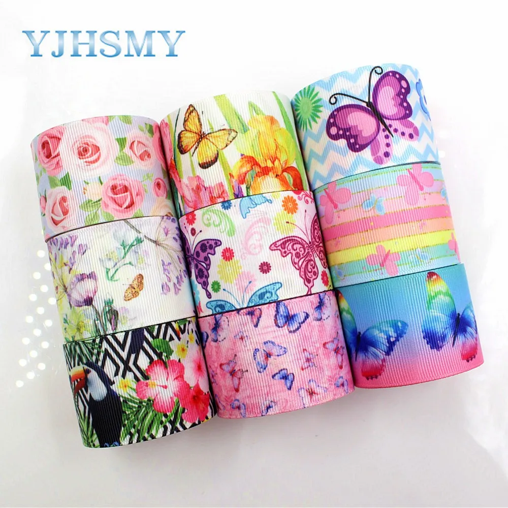 YJHSMY 183173 10 yards 38 mm cartoon butterfly Series ribbon thermal transfer lattice wedding accessories DIY handmade materials