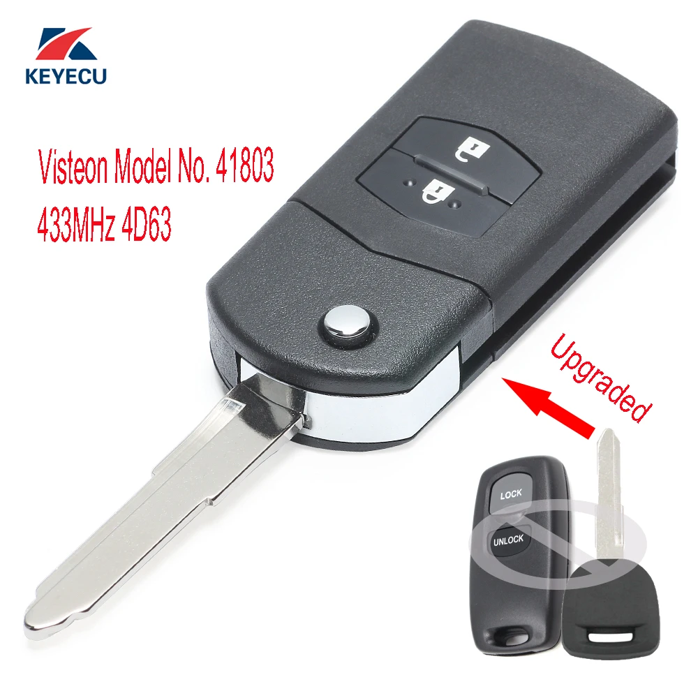 KEYECU Replacement Upgraded Flip Remote Car Key Fob 2 Button 433MHz 4D63 for Mazda 2 3 6 2002-2005 Visteon Model No. 41803