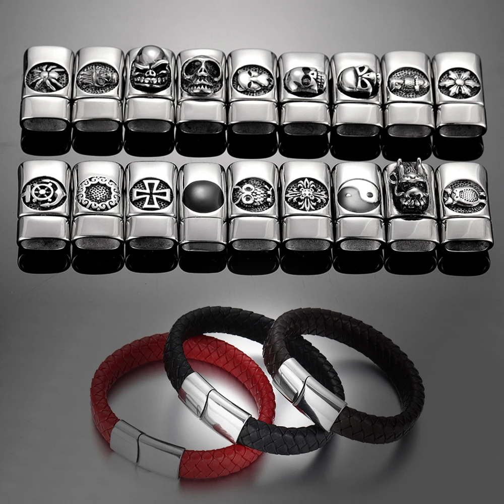 Men's Punk Jewelry Braided Leather Bracelet Brown Black Red Stainless Steel 3D Skull Magnet Clasp for Man Handmade Woven Bangle