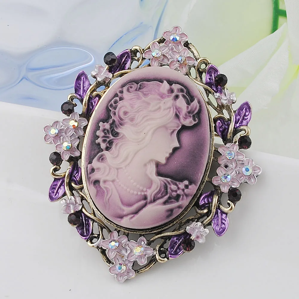 Rhinestone Trendy Brooch Pins Painting Hollow Out Flower Vintage Style Cameo Beauty Head Brooch