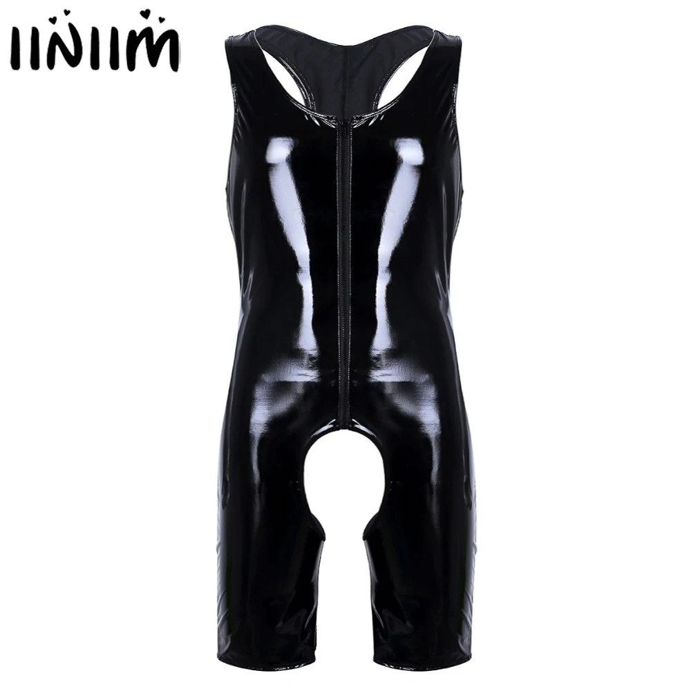 

Mens Lingerie Latex Teddies Catsuit Gay Patent Leather Sexy Bodysuit Wetlook with Zipper Sissy Crotchless Cut Out Body Stocking