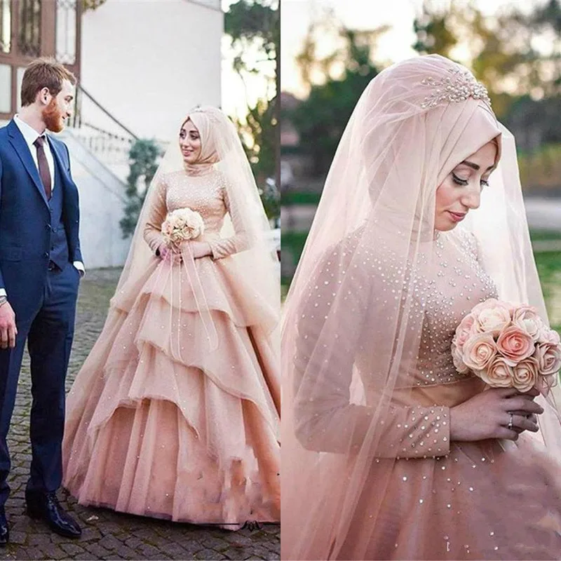 Robe de Mariée Musulmane Rose Clair avec Strass, Col Haut, Manches sulf, Jupes à Plusieurs Niveaux, Patients en Tulle, Quelle que soit la Collection 2020