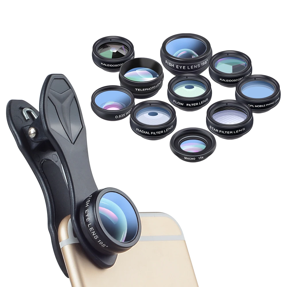 APEXEL 10pcs/lot 10 in 1 Phone lens kit Fisheye Wide Angle macro Lens CPL Filter Kaleidoscope+2X telescope Lens for smartphone