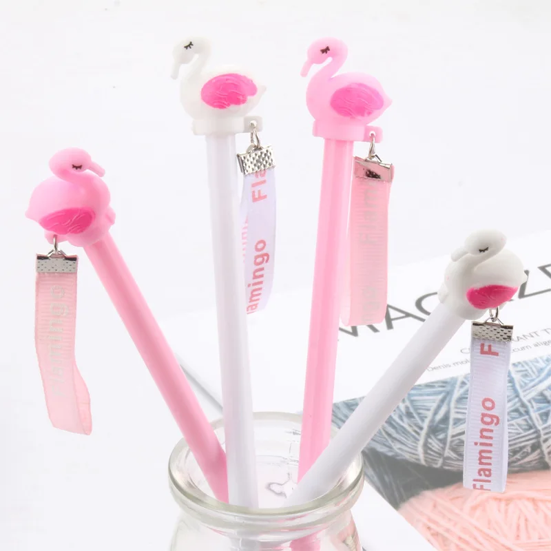 24 PCs creative stationery cartoon black water pen pink flamingo pendant neutral pen student stationery