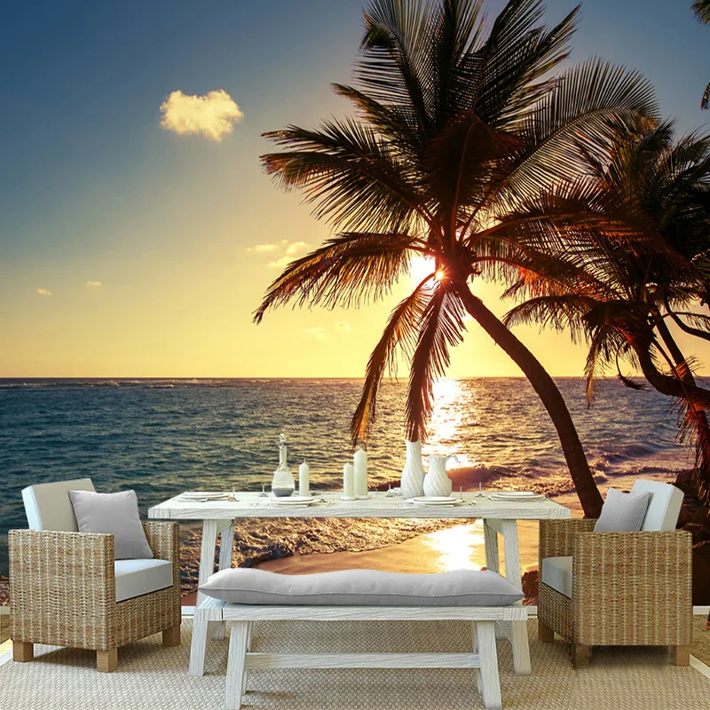 

Custom 3D Mural Photo Wallpaper Beach Sunset Coconut Palm Seaside Landscape Wall Painting Restaurant Cafe Home Decor Wall Papers