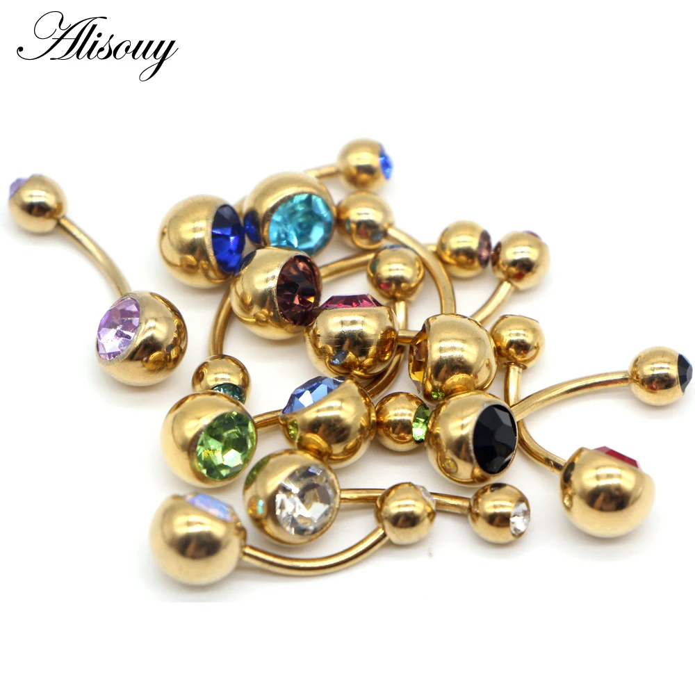 Alisouy 1pc Stainless Navel Rings Gold Color Anodized Belly Button Piercing Double Crystal Ombligo for Women 14G Body Jewelry