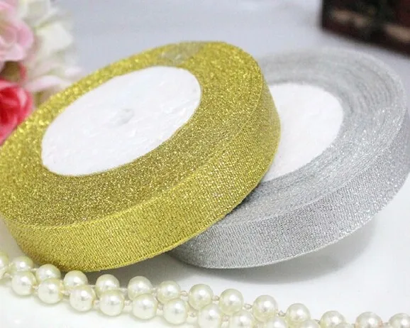 250 yards Xmas ribbon polyester gold and silver ribbon Christmas tree sewing accessories decorations kerst decoratie 0.6cm