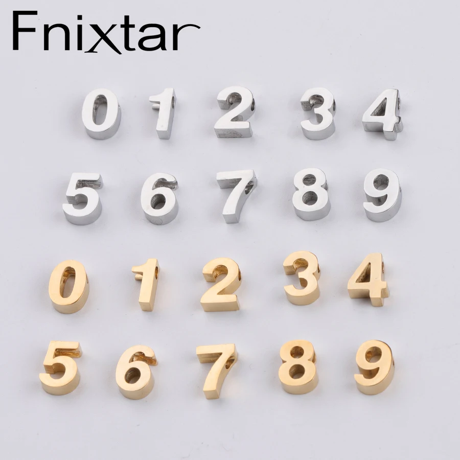 Fnixtar Gold /Steel Color Mirror Polished 1.8mm Hole Stainless Steel Arabic Numerals Number DIY Charm Pendant 8mm 20piece/lot