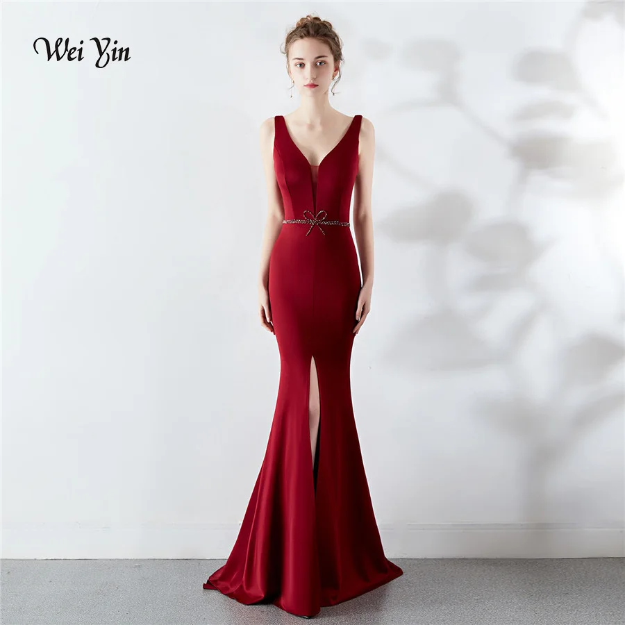 

wei yin 2020 New Long Burgundy Formal Evening Dress Crystal Elegant Mermaid V Neck Backless Party Gowns Robe De Soiree WY1656